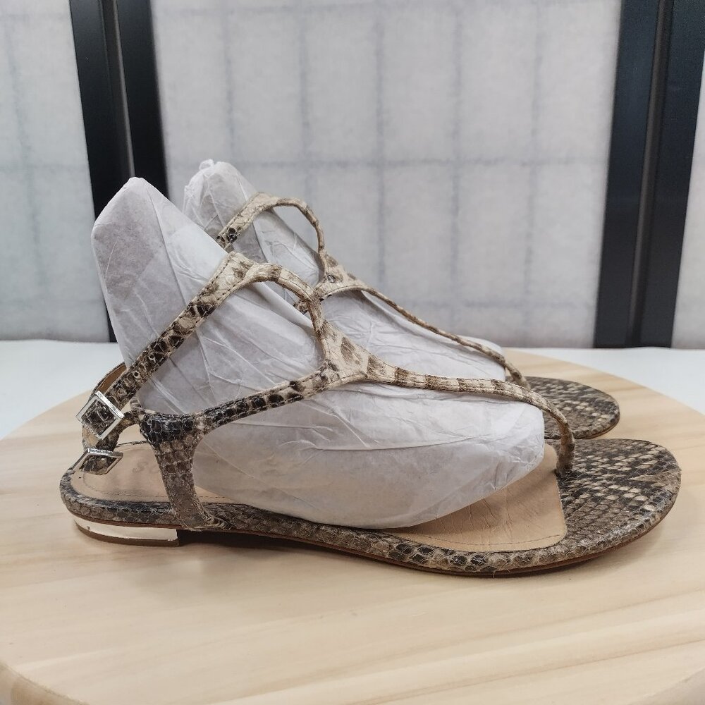 Schutz Leather Snakeskin Beige Double Strap Silver Accent Sandals Women US 8.5B